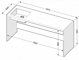 Dolgi delovni pult ASTONE z vgrajenim umivalnikom, levi
