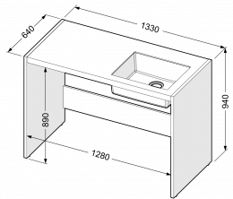 Kratk delovni pult ASTONE z vgrajenim umivalnikom, desni
