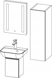 SFERA suite I
- Vanity unit Sfera 45 with basin, 1 door
- Mirror with integrated lighting 45, 2 stripes
- Wall-hung cabinet 30 with glass doors and aluminium frame